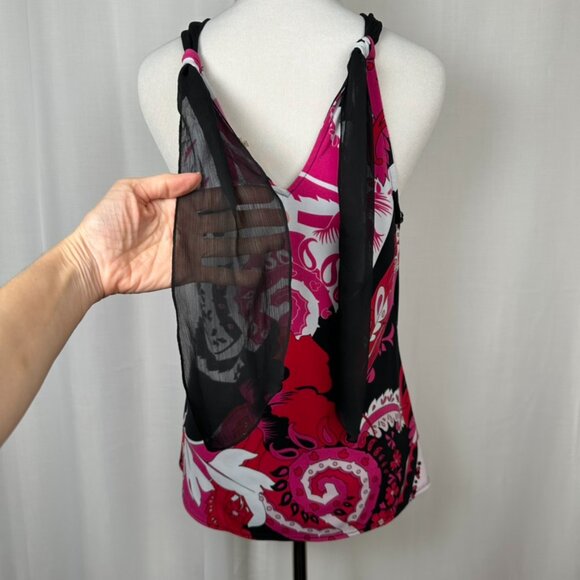 Tahari Y2K Sleeveless Halter Blouse Top Womens S Abstract Floral Print Black Red - Picture 3 of 9